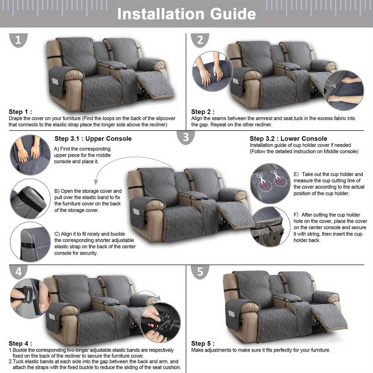 Loveseat Recliner Cover with Center Console – 4-Piece Set 100% Waterproof Dual Recliner Slipcover with Straps, Split Reclining Sofa Protector for Pets & Kids, Living Room Furniture Cover