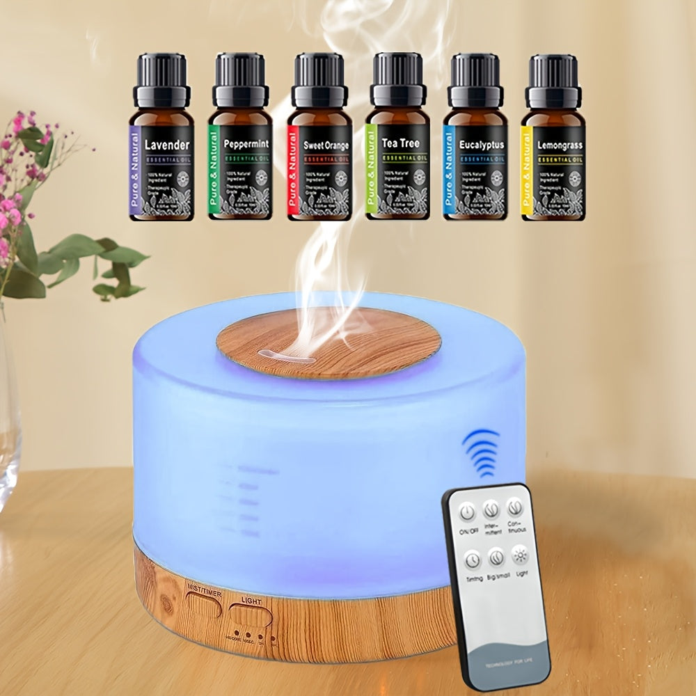 Aromatherapy Diffuser Humidifier Set 500ml Ultrasonic Cool Mist with 7 Color LED Night Light and 6 Essential Oils Gift Box