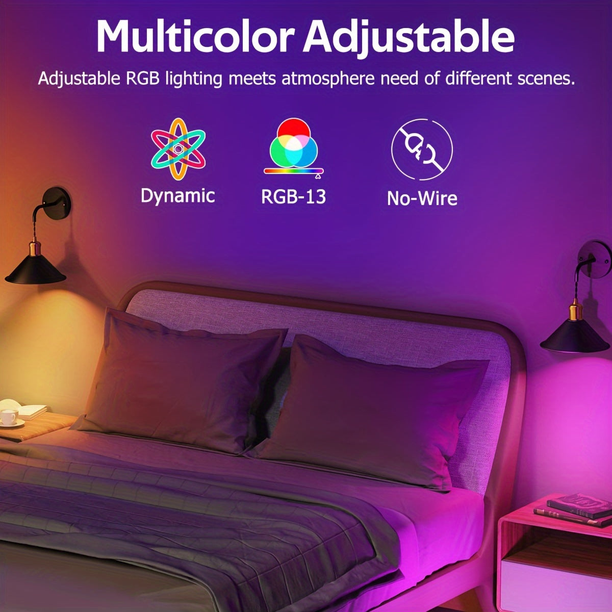 RGB Wireless Wall Sconce Set of 2 – Battery Operated Dimmable Wall Lamp with Remote, 13 Color Modes, Timer & Memory Function for Bedroom & Living Room