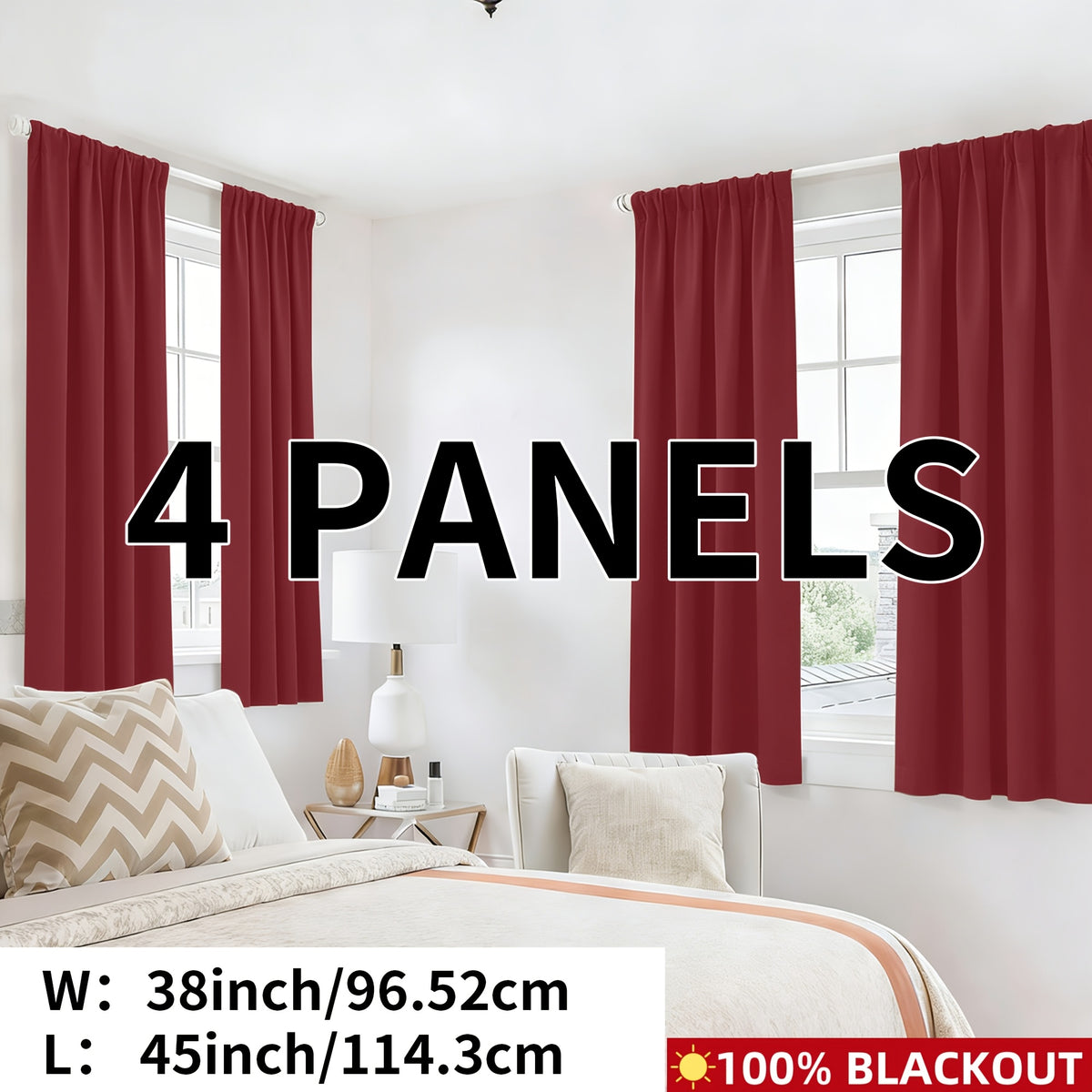 Blackout Curtains Rod Pocket 4-Panel Solid Color Lightweight Matte Drapes | 100% Light Blocking Window Curtains for Bedroom Living Room, 9 Colors 5 Sizes