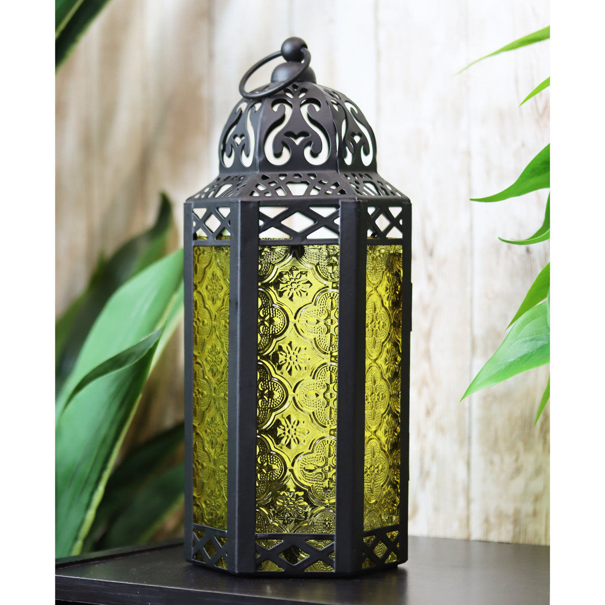 Moroccan Candle Lantern Holder Medium 10.5 Inch – Handcrafted Glass Iron Metal Lantern with Embossed Floral Panels, 17 Colors, Indoor Outdoor Use for Ramadan, Wedding, Patio, Diwali & Home Decor