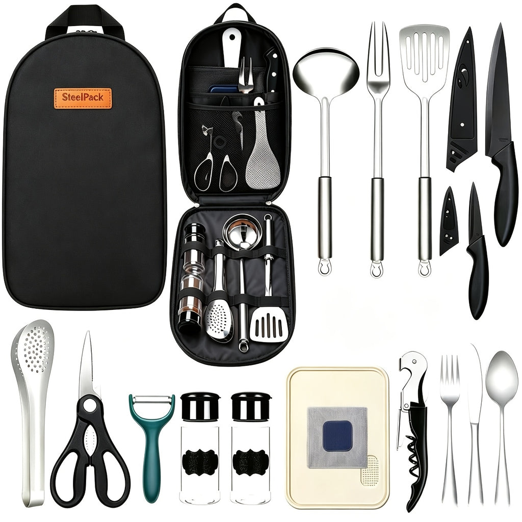 Camping Kitchen Utensil Set 17pcs Stainless Steel Outdoor Cooking & BBQ Utensils with Storage Bag - Portable Camping Cookware Accessories for Travel Picnic RV Barbecue Party, Bohemian/Black/Blue