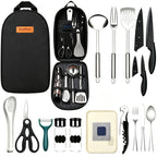 Camping Kitchen Utensil Set 17pcs Stainless Steel Outdoor Cooking & BBQ Utensils with Storage Bag - Portable Camping Cookware Accessories for Travel Picnic RV Barbecue Party, Bohemian/Black/Blue