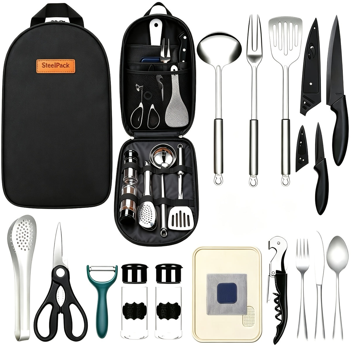 Camping Kitchen Utensil Set 17pcs Stainless Steel Outdoor Cooking & BBQ Utensils with Storage Bag - Portable Camping Cookware Accessories for Travel Picnic RV Barbecue Party, Bohemian/Black/Blue