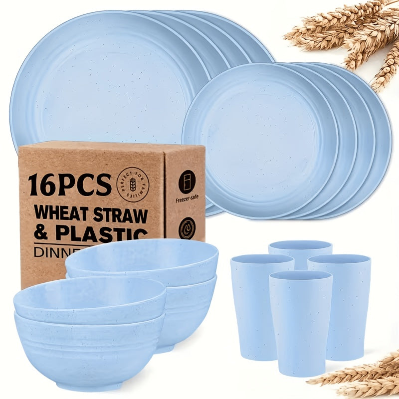 16 or 32pcs Wheat Straw Dinnerware Set Plates and Bowls Microwave Dishwasher Safe Durable Plastic Tableware for 8 – Party Gifts Multiple Colors