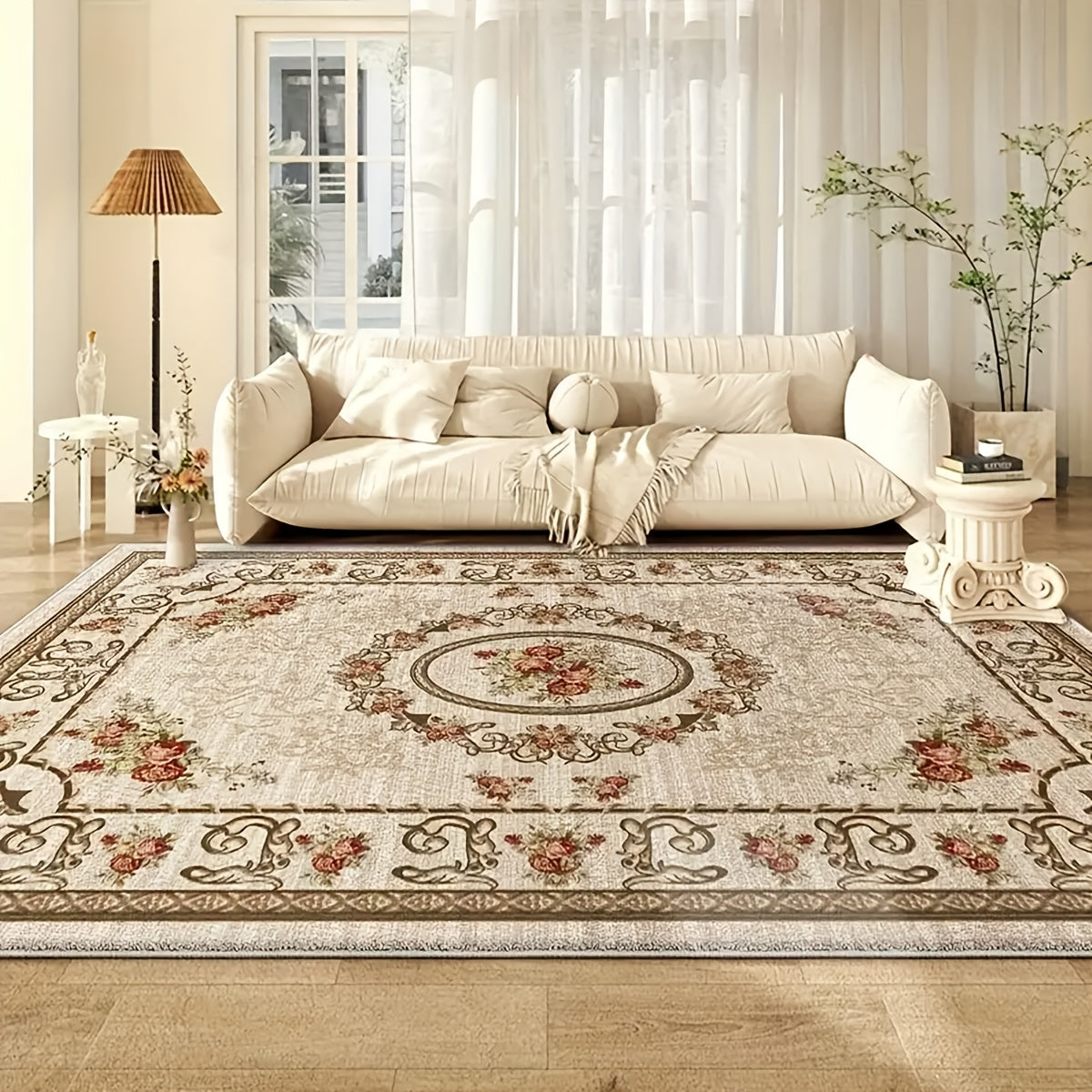 Floral Anti-Slip Area Rug Washable 1000g Thick Modern Light Pattern Carpet for Living Room Bedroom Dining Room Home Office Outdoor Camping