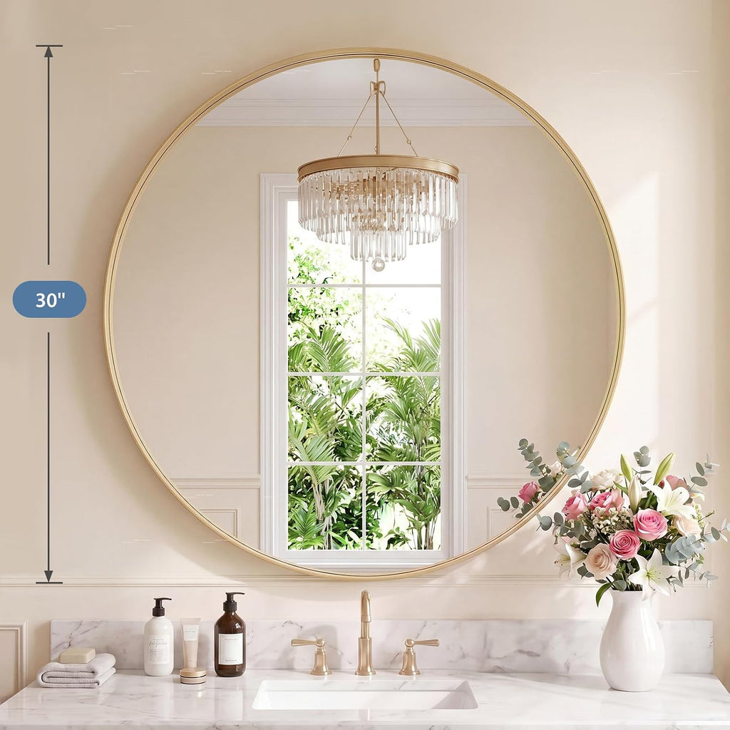 Round Wall Mirror 20 24 28 30 Inch – Circle Vanity Mirror for Bathroom, Bedroom & Living Room | Anti-Rust Modern Decor | Black & Gold