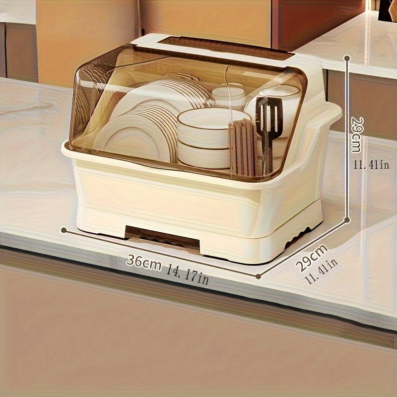 Covered Dish Organizer & Cutlery Holder with Drain Plate - Space-Saving Countertop Rack, Dust-Proof, Cream, Large & Extra Large