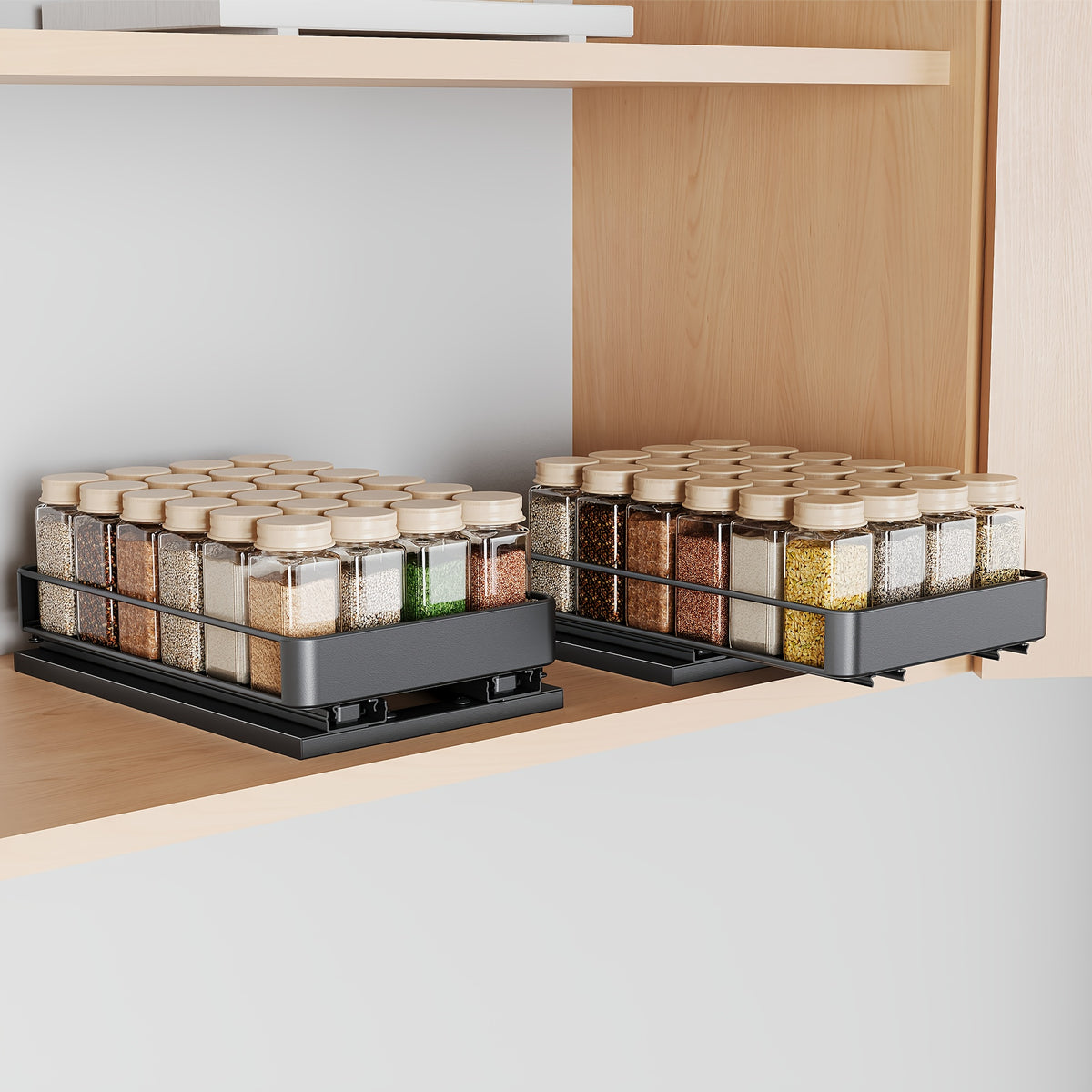 Cabinet Pull Out Spice Rack 2pcs Rust Proof Stainless Steel Under Cabinet Spice Organizer Adjustable L Shaped Sliding Double Rail Counter Storage Kitchen Accessories