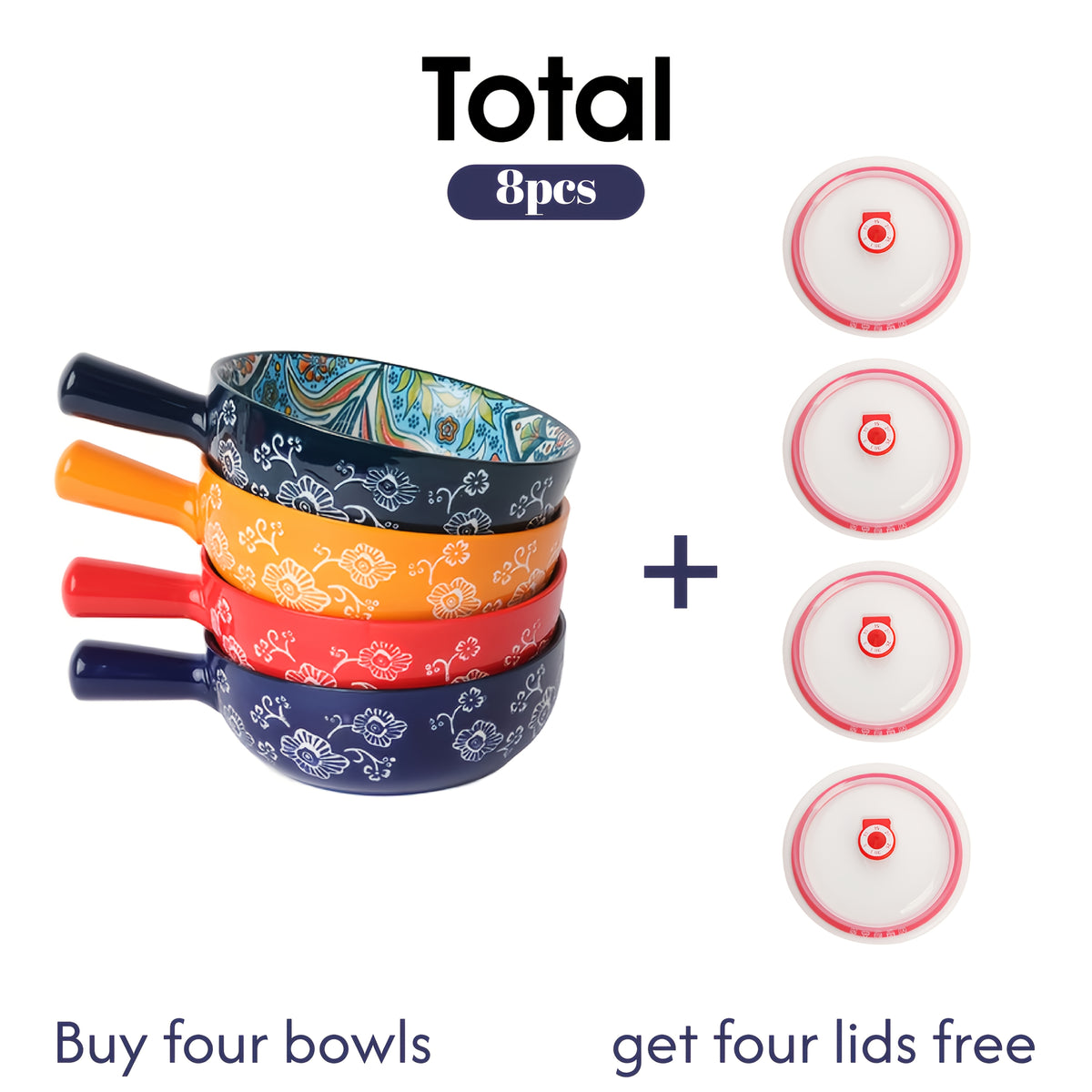 Bohemian Noodle Bowl Set with Lids Microwave Dishwasher & Oven Safe – Ceramic Soup Salad Fruit Meal Prep Bowls for Home, Office & Travel – 4 or 8 Piece
