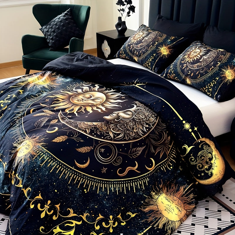 Celestial Sun Moon Duvet Cover Set 3 Piece - Soft Breathable Galaxy Planet Print Bedding Twin Full Queen King Dorm Bedroom No Insert