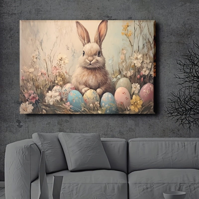 Easter Bunny Canvas Wall Art – Vintage Framed Oil Painting Print, Charming Bunny Rabbit Decor for Living Room Bedroom, Unique Easter Gift for Home