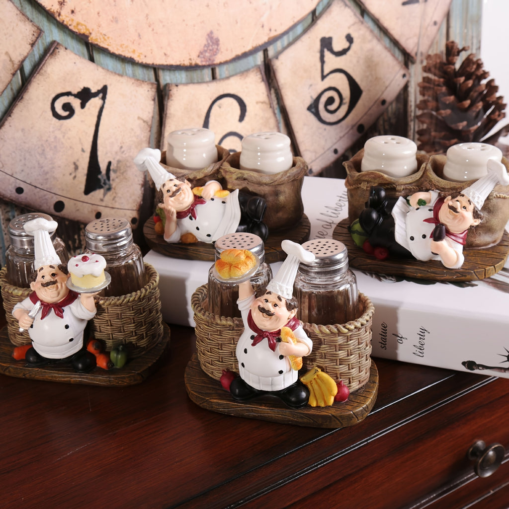 Chef Statue Salt and Pepper Shaker Set – Resin Decorative Chef Spice Jar Holder for Kitchen, Dining Room, Cafe & Coffee Shop Desktop – 4 Styles