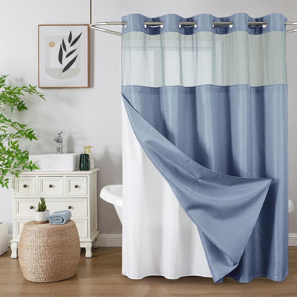 Hookless Waffle Shower Curtain Liner Set with Snap-In Liner Double Layer Window Panel – 6ft x 74.8 Inch Easy-Clean Polyester Bathroom Curtain for Home & Hotel