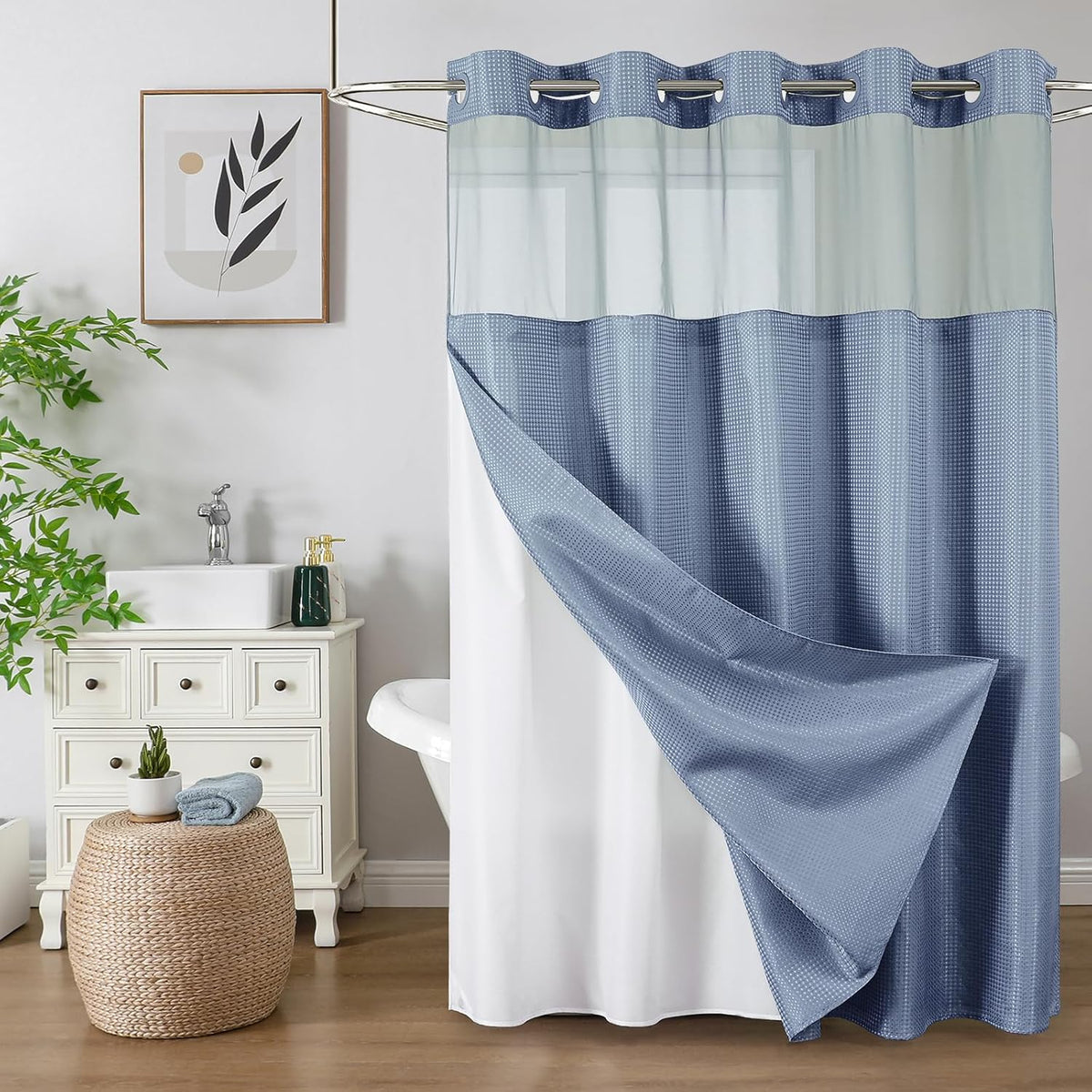 Hookless Waffle Shower Curtain Liner Set with Snap-In Liner Double Layer Window Panel – 6ft x 74.8 Inch Easy-Clean Polyester Bathroom Curtain for Home & Hotel
