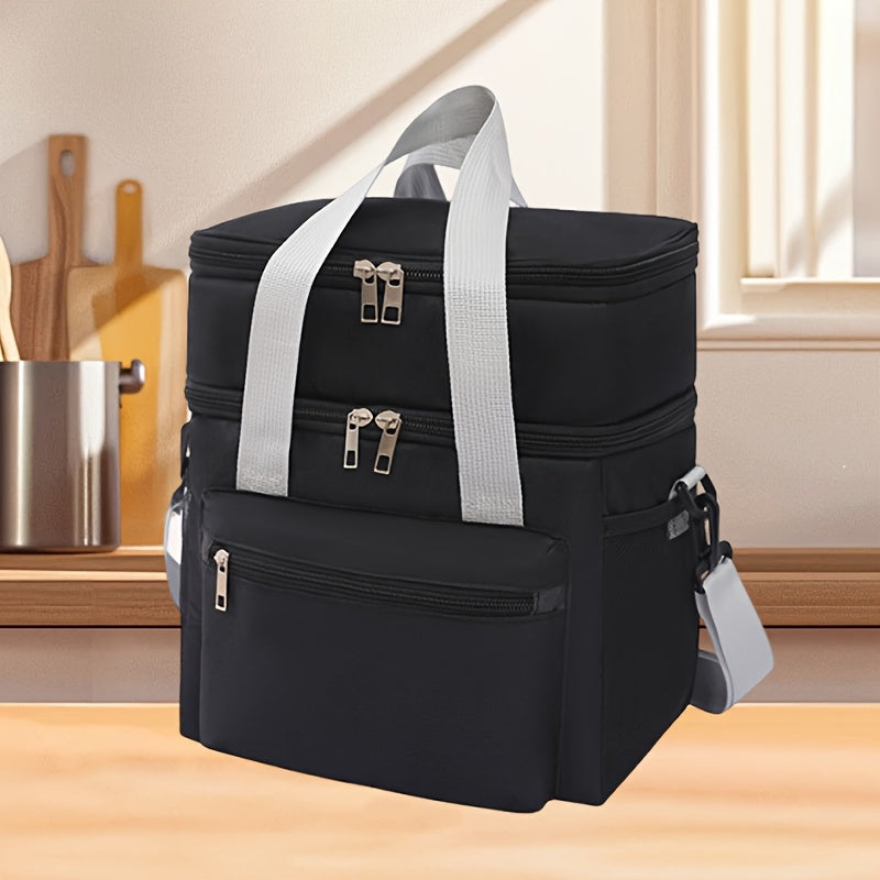 Large Capacity Insulated Lunch Bag with Shoulder Strap Double Pocket Thickened Cooler Tote for Work School Picnic Beach Men Women Black Grey Burgundy
