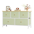 5-Drawer Wide Dresser with Fabric Bins – Freestanding Wood Frame Chest of Drawers, Low Profile Compact Storage Organizer for Bedroom, Hallway, Living Room & Closet, Space-Saving Furniture in Khaki/Green
