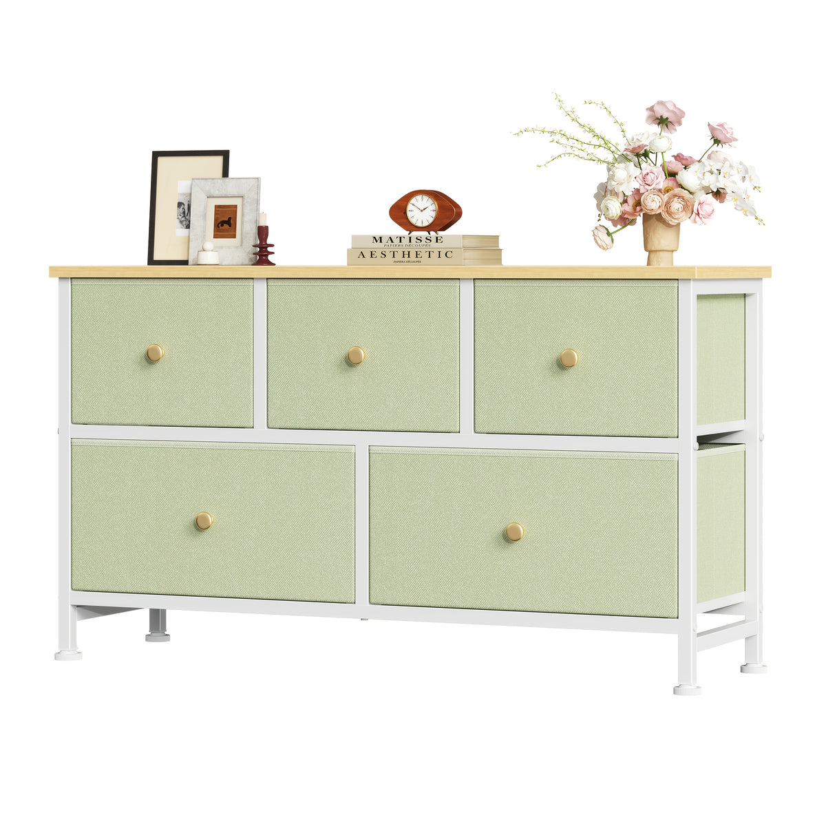 5-Drawer Wide Dresser with Fabric Bins – Freestanding Wood Frame Chest of Drawers, Low Profile Compact Storage Organizer for Bedroom, Hallway, Living Room & Closet, Space-Saving Furniture in Khaki/Green