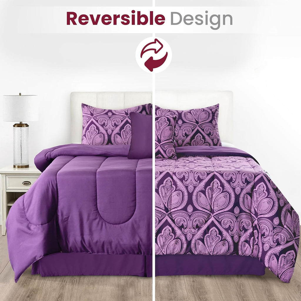 5-Piece Comforter Set – Reversible Quilted Down Alternative Bedding Set with Pillow Shams, Bed Skirt & Cushion | All Season | Twin, Queen, King