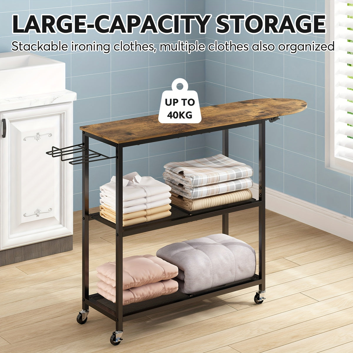 3-Tier Rolling Ironing Board Cart with Storage Shelves & Wheels – Mobile Laundry Station with Foldable Ironing Board, Iron Holder & Lockable Casters for Home Laundry Room, Bedroom & Living Room