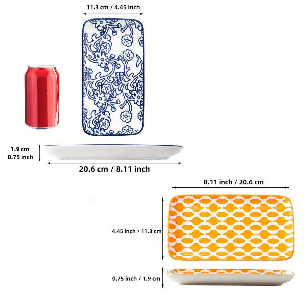 Ceramic Rectangular Serving Plates Set of 6 - Porcelain Sushi Platters 8 Inch with Blue White & Assorted Patterns, Microwave Dishwasher Oven Safe Dinnerware for Sushi Salad Dessert Appetizers