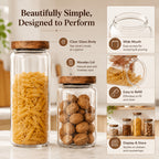 Glass Food Storage Jars with Wooden Lids 4-Piece Set – Airtight Transparent Kitchen Canister Set for Coffee Beans, Spices, Snacks & Dry Goods | 16/25/34/53 oz