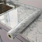 Marble Contact Paper Waterproof Self-Adhesive PET Film Heat Oil Resistant Glossy Vinyl Wrap for Kitchen Cabinets Bathroom Countertops Drawer Liner Furniture Decor White Black Marble 15.75x196.85 in