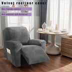 Velvet Recliner Chair Cover 4-Piece Set with Armrest Covers & Storage Bag | Soft Stretch Elastic Slipcover Furniture Protector for Single Recliner, Light Grey