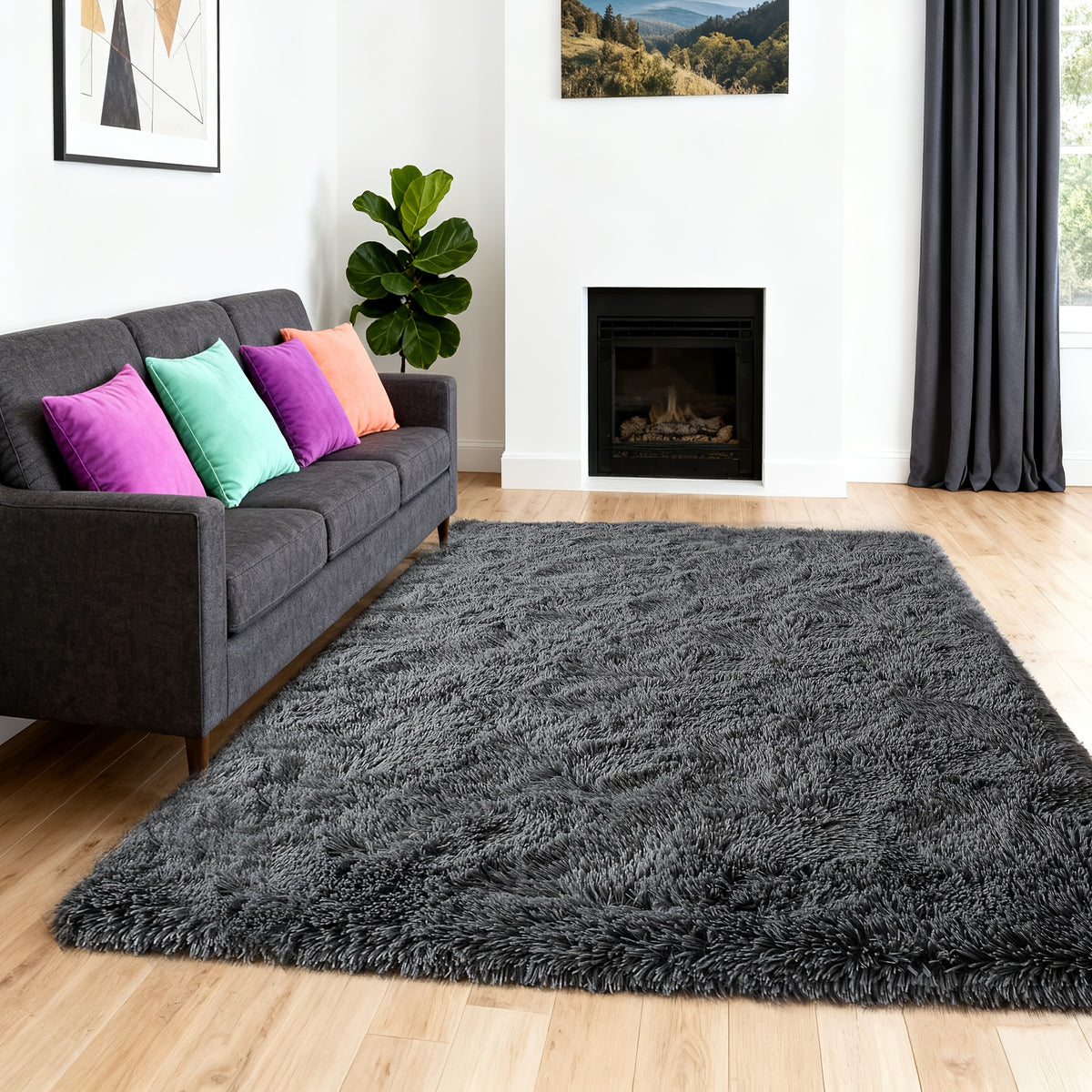 Fluffy Shaggy Area Rug 4x6 High Pile Non-Slip for Bedroom, Living Room & Dining – Soft Fuzzy Plush Floor Carpet in Gray & Tie-Dye Rainbow