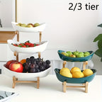 Stackable Tiered Fruit Plate with Wood-Look Design, 2 or 3 Tier Plastic Serving Tray Stand for Snacks, Bread & Fruit, Space-Saving Living Room Kitchen Countertop Organizer, Easy to Assemble