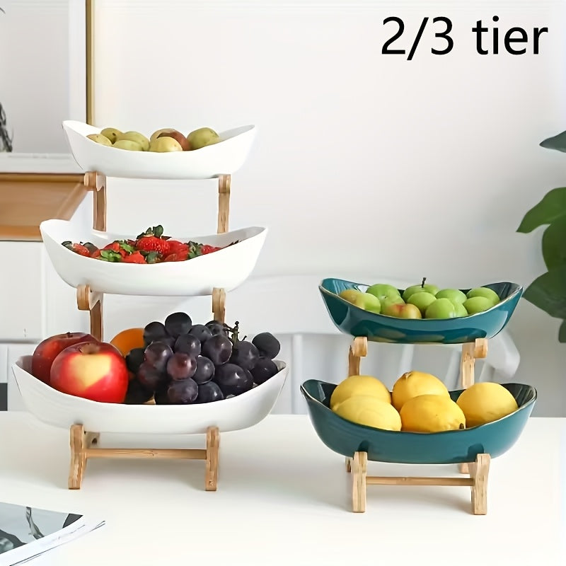 Stackable Tiered Fruit Plate with Wood-Look Design, 2 or 3 Tier Plastic Serving Tray Stand for Snacks, Bread & Fruit, Space-Saving Living Room Kitchen Countertop Organizer, Easy to Assemble