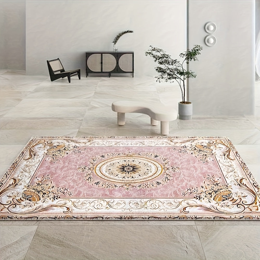 Luxury Velvet Floral Area Rug 852GSM Low Pile Machine Washable Non-Slip Vintage Checkered Design for Bedroom Living Room Dining Office 5 Sizes