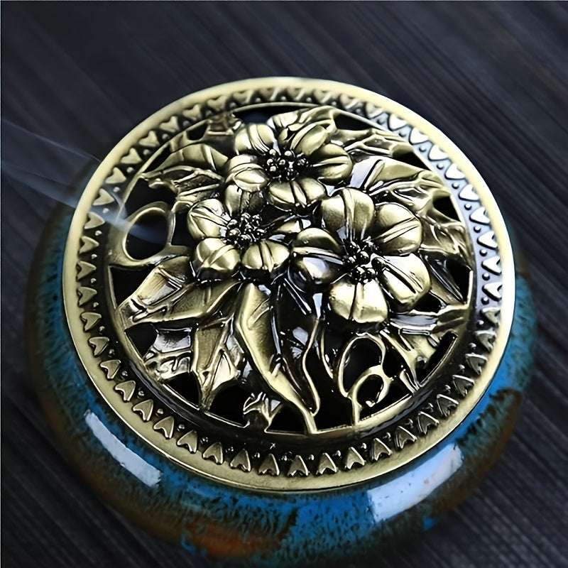 Ceramic Incense Holder Set 4pcs Large Kiln-Fired with Vintage Brass Lid & Fireproof Mat – Stick, Cone & Coil Incense Burner for Home Meditation, Zen Decor & Aromatherapy