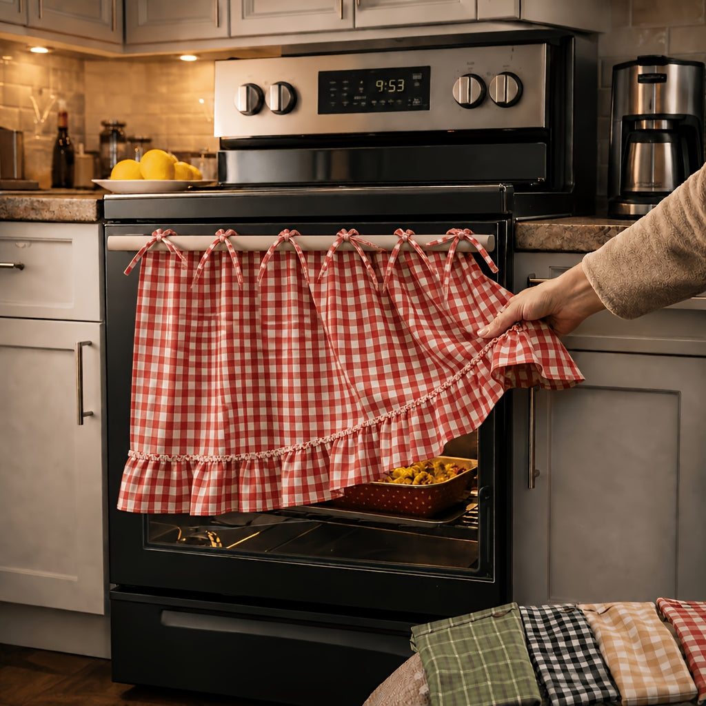 Farmhouse Oven Skirt Curtain – Handmade Checkered Ruffled Drawstring Decorative Panels for Oven, Stove & Cabinet Covers | Rustic Kitchen Appliance Decor | Nuvia Haven