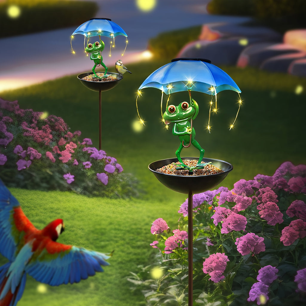 Solar Iron Frog with Umbrella Garden Statue – LED Solar Outdoor Light, Auto Dusk-to-Dawn, Bird Feeder Design for Patio, Lawn, Pathway & Deck Decor, Valentine’s Day Gift