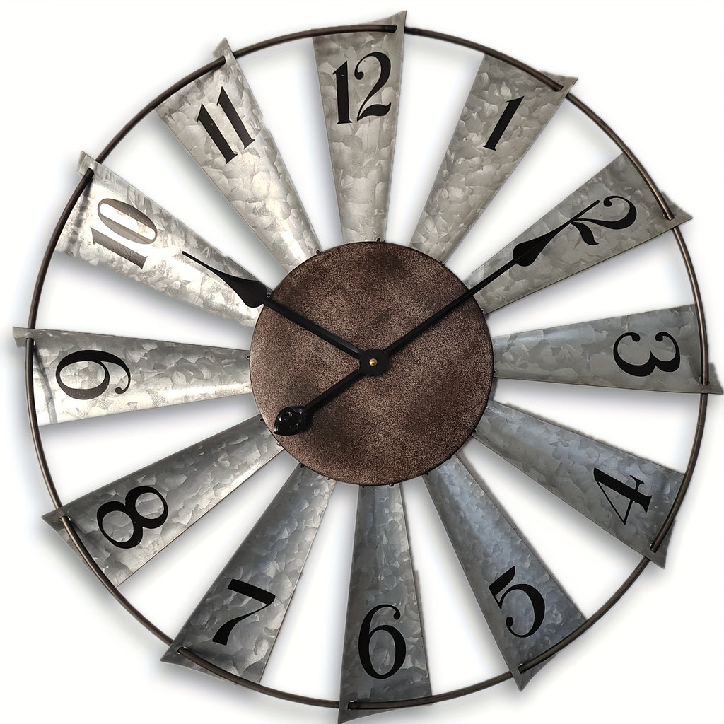 24 Inch Large Farmhouse Wall Clock with 3D Windmill Blades – Vintage Galvanized Metal Analog Clock, Battery Operated Quiet Movement, Home Decor for Living Room, Kitchen, Bedroom & Porch