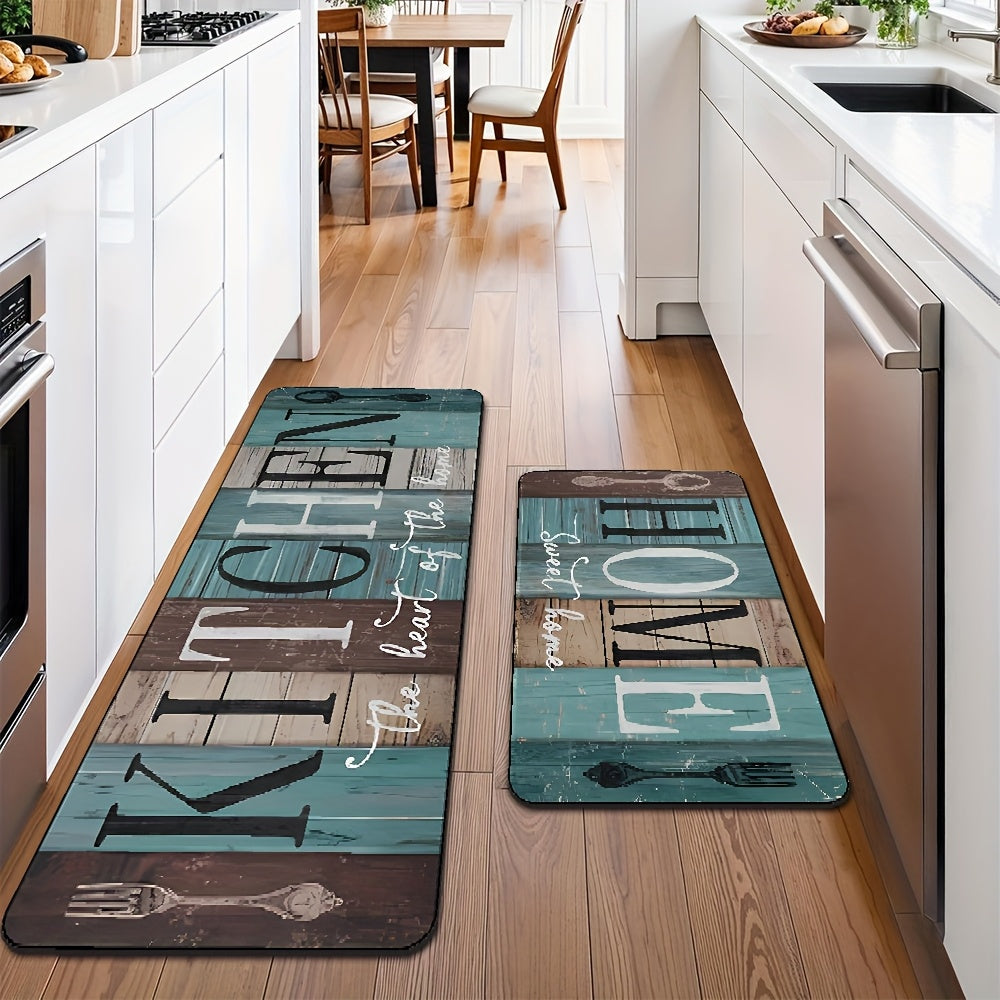 2-Piece Diatomaceous Earth Kitchen Mat Set – Green-Brown Wooden Plank Pattern, Machine Washable, Non-Slip & Soft for Kitchen, Bathroom, Hallway & Bedroom