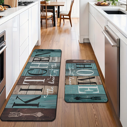 2-Piece Diatomaceous Earth Kitchen Mat Set – Green-Brown Wooden Plank Pattern, Machine Washable, Non-Slip & Soft for Kitchen, Bathroom, Hallway & Bedroom