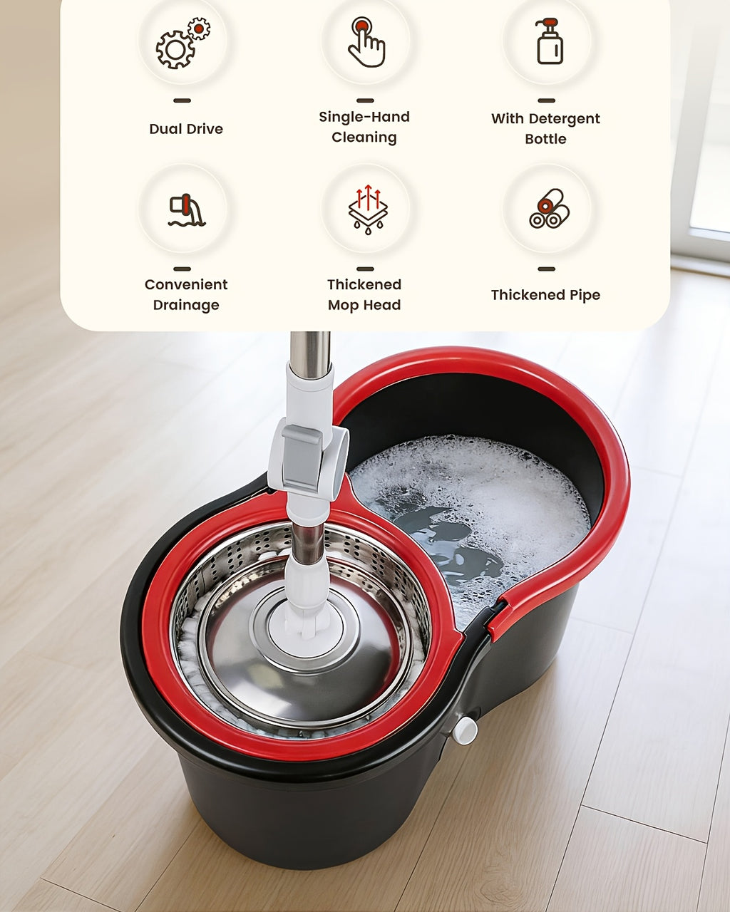 Spin Mop and Bucket Set with Wringer, 360° Dual-Drive Wringing System, 3 Microfiber Mop Heads for Hardwood Tile Marble Laminate Floor Cleaning