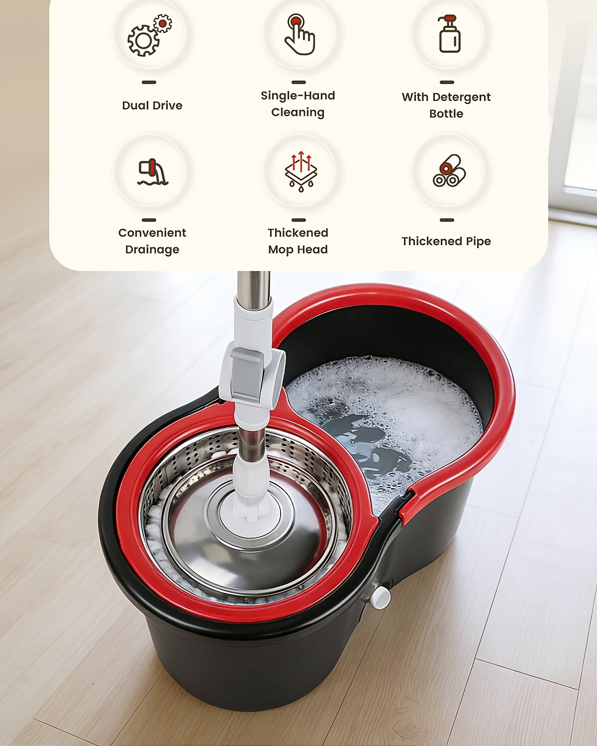 Spin Mop and Bucket Set with Wringer, 360° Dual-Drive Wringing System, 3 Microfiber Mop Heads for Hardwood Tile Marble Laminate Floor Cleaning