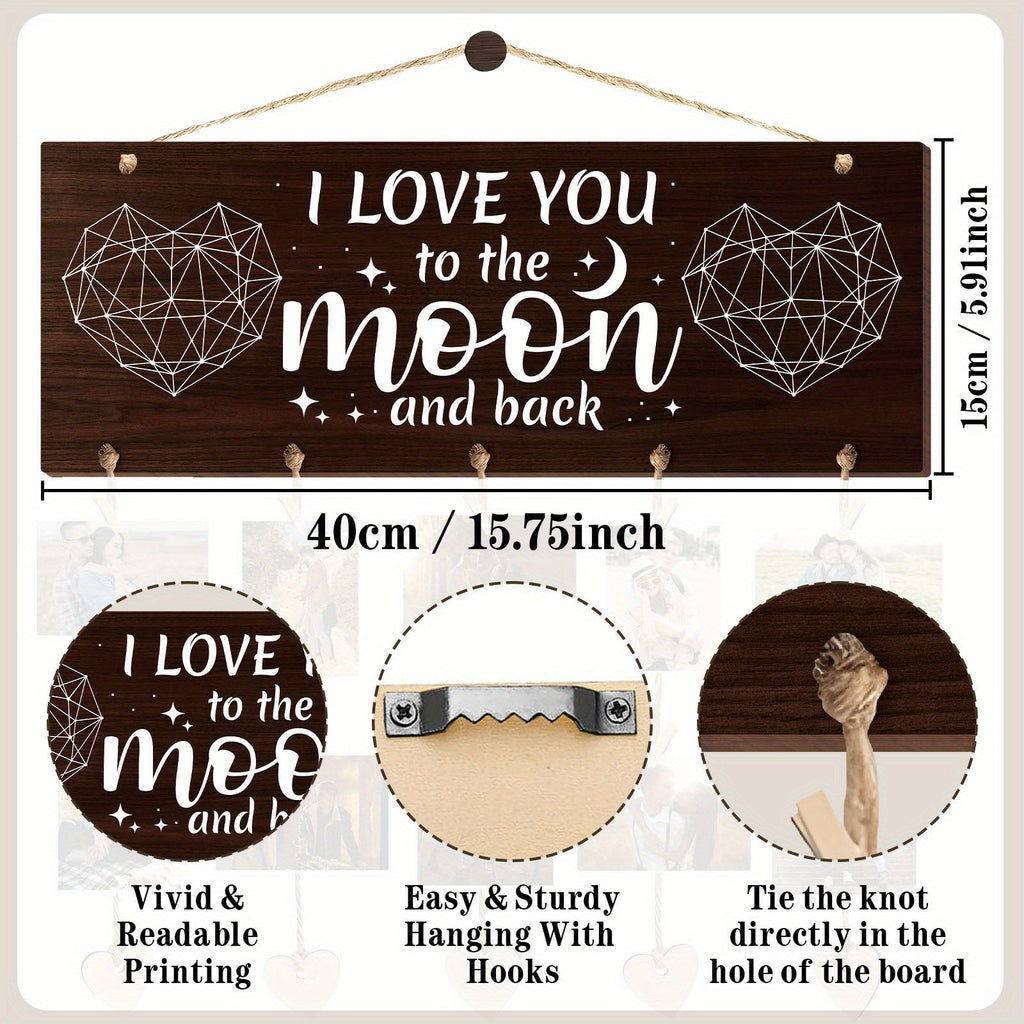 Wooden Hanging Photo Frame "I Love You to the Moon and Back" with 20 Clips, 6 Hemp Ropes & 5 Heart Tags – Romantic Wall Decor Picture Holder Gift for Couples, Anniversary, Wedding, Valentine’s Day & Christmas