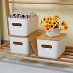 Storage Bins with Lids Wood Top, Plastic Stackable Storage Containers with Handle & Labels, Organizer Boxes for Home, Office, Bookshelf, Playroom & Medicine Cabinet, White, Set of 1/2/4/8