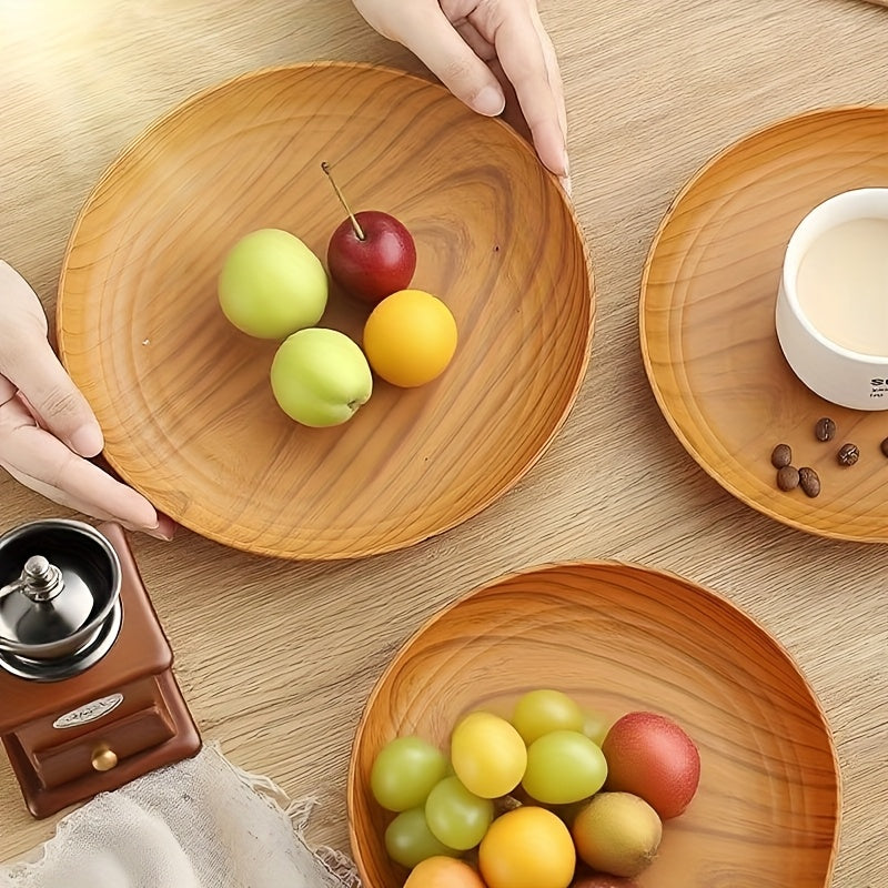 10-Piece Wood Grain Plastic Dinner Plates Round Striped Pattern Luxury Feel for Home Restaurant Dessert Shop Snack Fruit Tea Tray