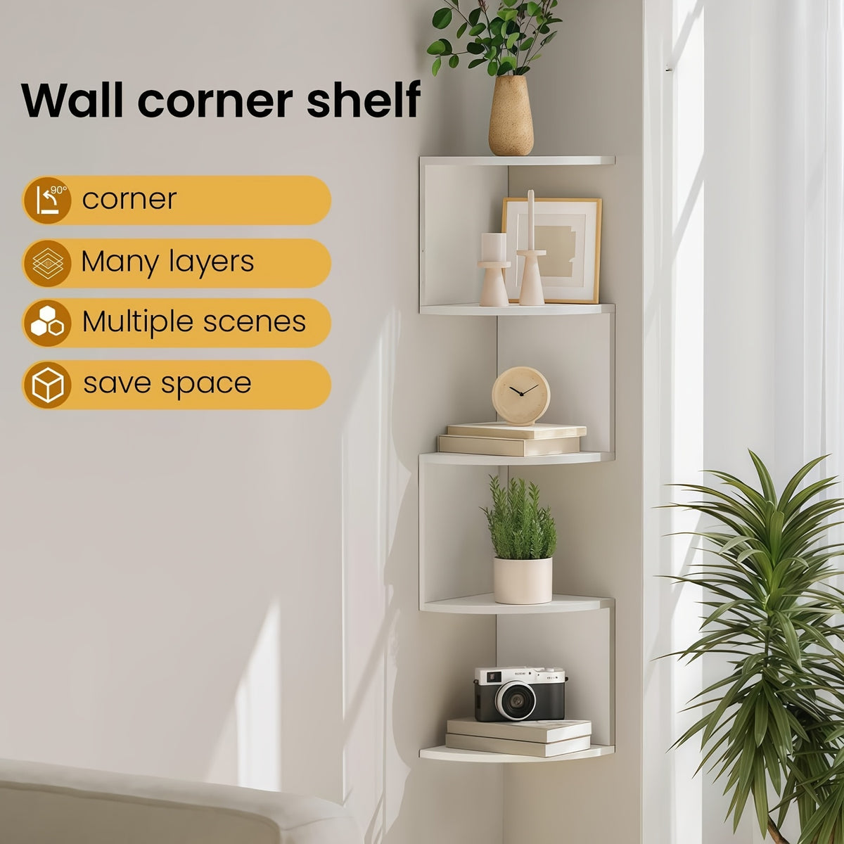 Floating Corner Wall Shelf 3 or 5-Tier, Wall Mounted Storage Rack for Living Room, Bedroom, Kitchen, Bathroom & Office, Easy Install Decorative Corner Shelves, White or Black, 1 or 2 Pieces