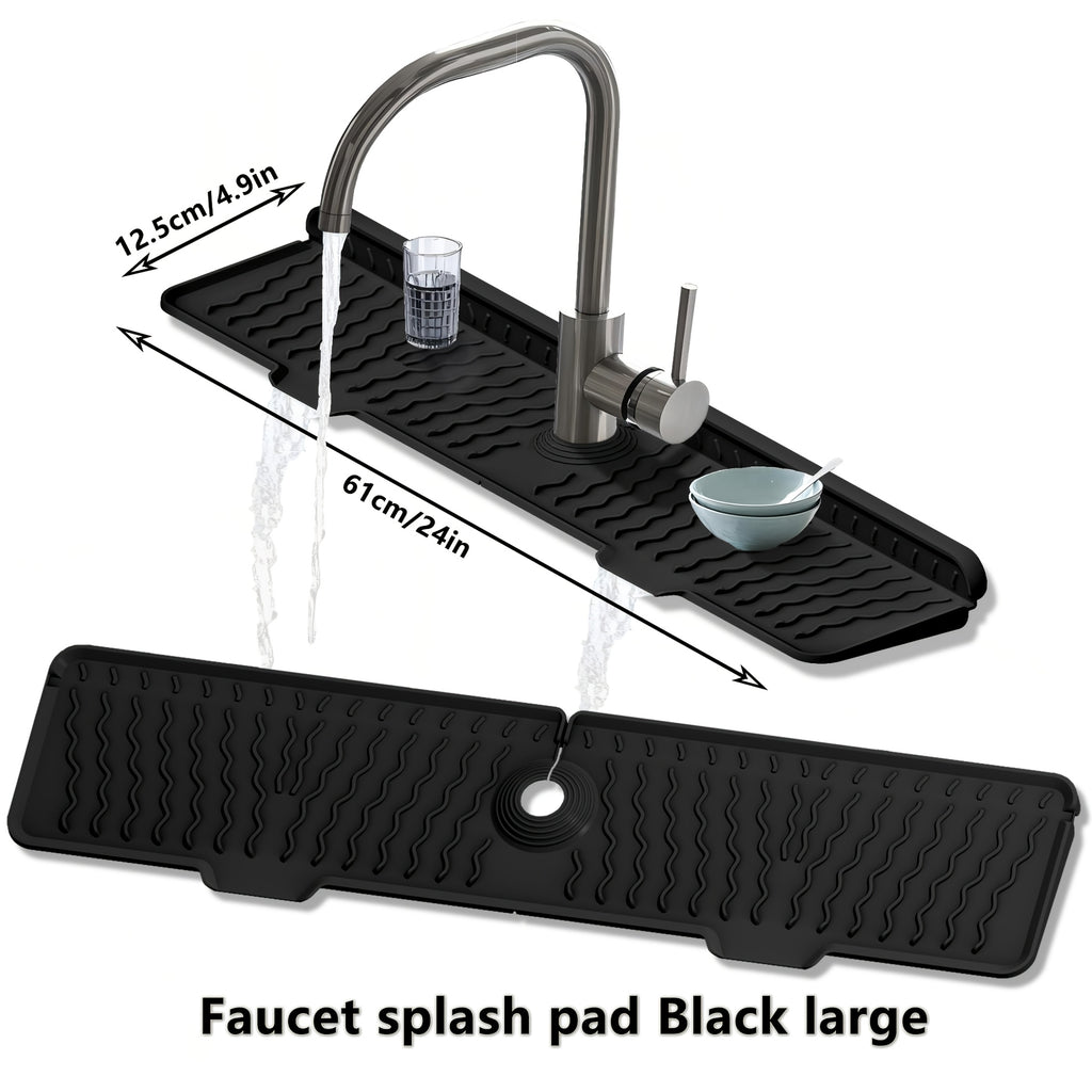 Silicone Sink Drying Mat & Faucet Splash Pad with Sponge Holder – Wave Pattern, 5° Drainage Slope, Heat-Resistant, 3 Sizes & 3 Colors for Kitchen & Bathroom Counter