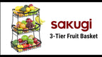 Tiered Metal Fruit Basket with Banana Hook & Wooden Handle – 2 & 3 Tier Countertop Produce Organizer for Kitchen | Removable Tiers | Bread, Vegetable & Fruit Storage