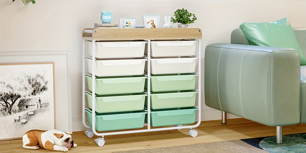 10-Tier Rolling Storage Cart with Drawers and Tabletop Portable Utility Organizer for Home Office Classroom Art Supplies Crafts Cosmetics Green White Rainbow