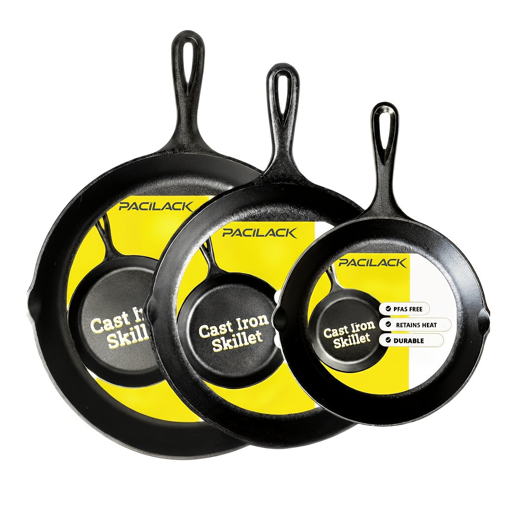 Pre-Seasoned Cast Iron Skillet Set 6” 8” 10” Heavy-Duty Pan for Frying Sauté Cooking & Pizza – Professional Restaurant Quality Cookware