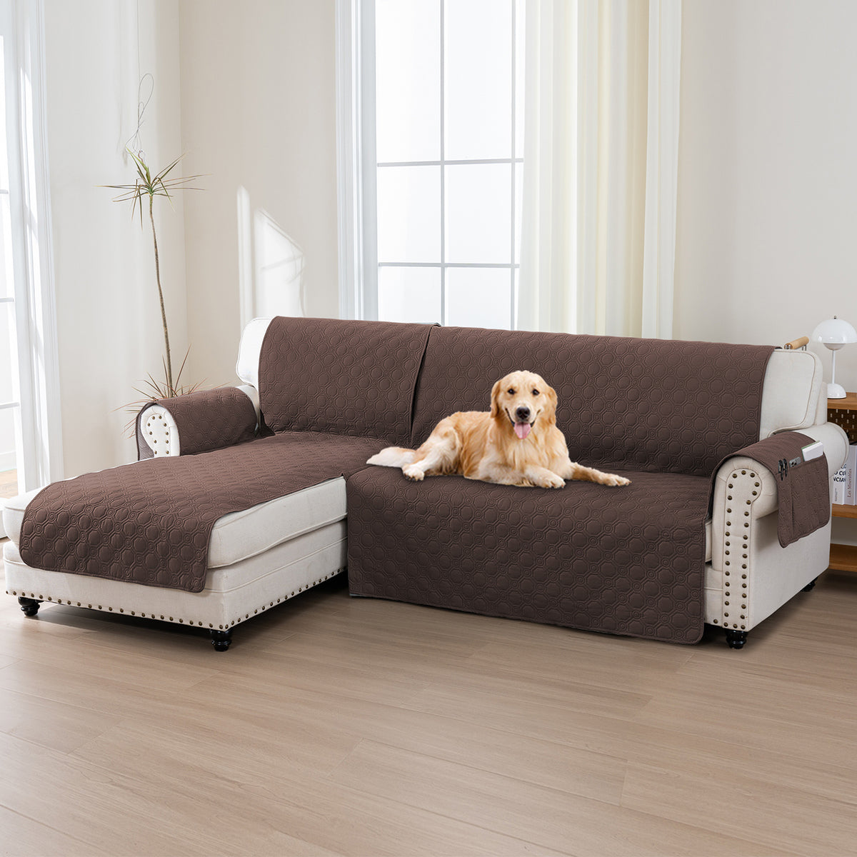 L-Shaped Sectional Sofa Cover 100% Liquid-Resistant Couch Slipcover with Non-Slip Straps for Dogs Cats Pets Left Right Chaise