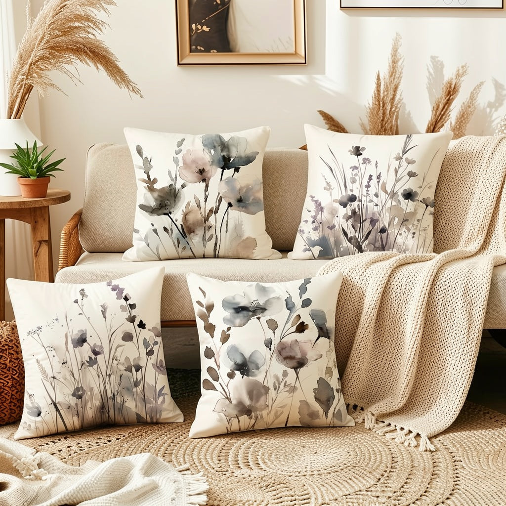 4-Piece Boho Poppy Flower Throw Pillow Covers Watercolor Chinoiserie Floral Soft Tones Decorative Cushion Covers 18x18 Inch Sofa Bedroom Office Car Farmhouse No Insert
